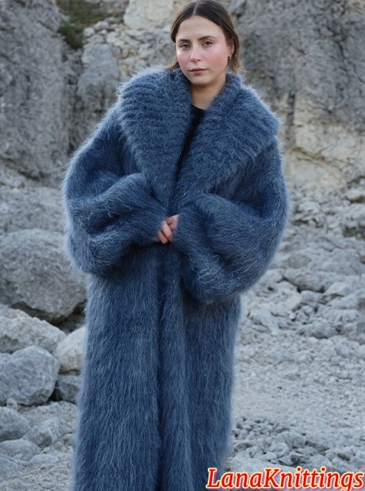 Mohair Coat Blue Jeans Oversize Thick Mohair Shawl Neck HandKnitted Handmade LanaKnittings - Image 3