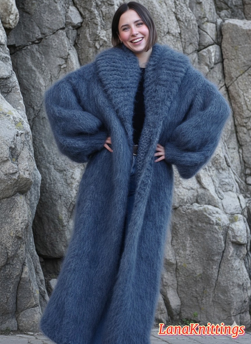Mohair Coat Blue Jeans Oversize Thick Mohair Shawl Neck HandKnitted Handmade LanaKnittings - Image 4