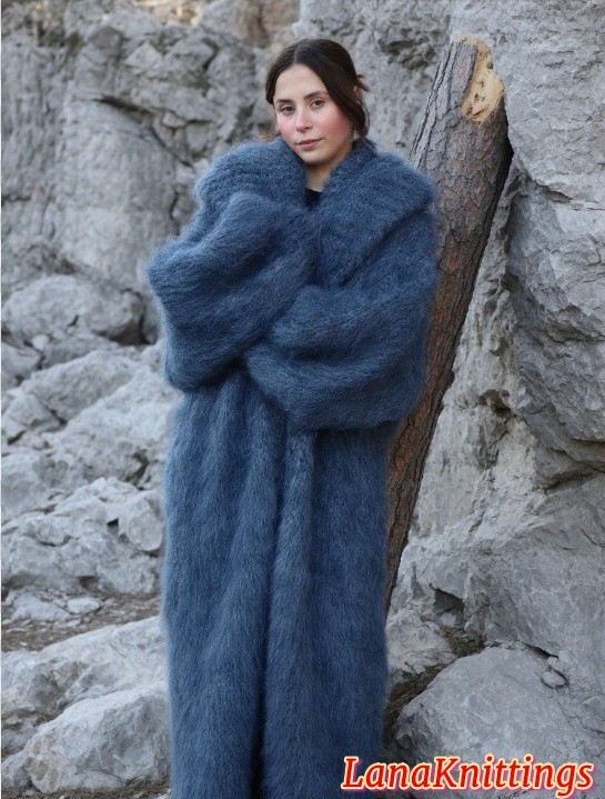 Mohair Coat Blue Jeans Oversize Thick Mohair Shawl Neck HandKnitted Handmade LanaKnittings - Image 5