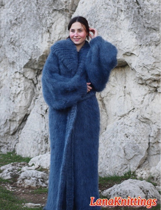 Mohair Coat Blue Jeans Oversize Thick Mohair Shawl Neck HandKnitted Handmade LanaKnittings - Image 7
