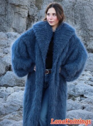 Mohair Coat Blue Jeans Oversize Thick Mohair Shawl Neck HandKnitted Handmade LanaKnittings