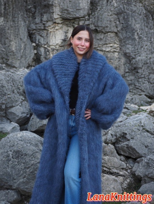Mohair Coat Blue Jeans Oversize Thick Mohair Shawl Neck HandKnitted Handmade LanaKnittings - Image 9