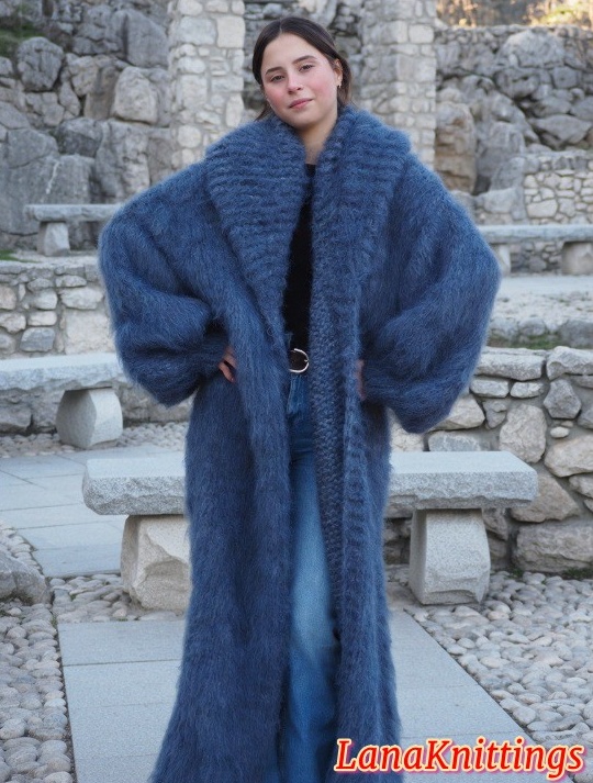 Mohair Coat Blue Jeans Oversize Thick Mohair Shawl Neck HandKnitted Handmade LanaKnittings - Image 10