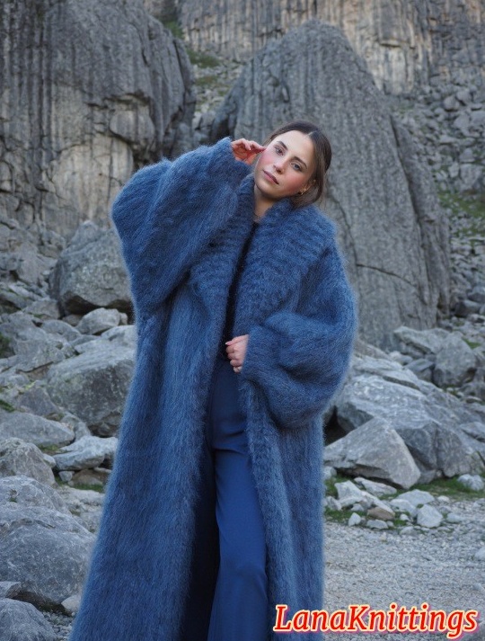 Mohair Coat Blue Jeans Oversize Thick Mohair Shawl Neck HandKnitted Handmade LanaKnittings - Image 6