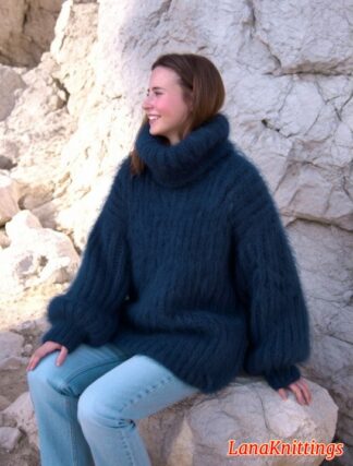 Mohair Sweater Thick Blue Handmade Handknitted by Lanaknittings