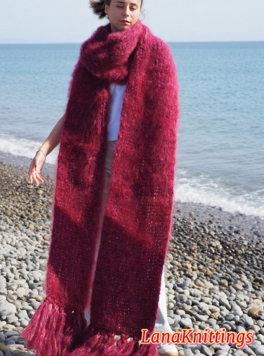 Mohair Scarf Burgundy HandKnitted by LanaKnittings - Image 2