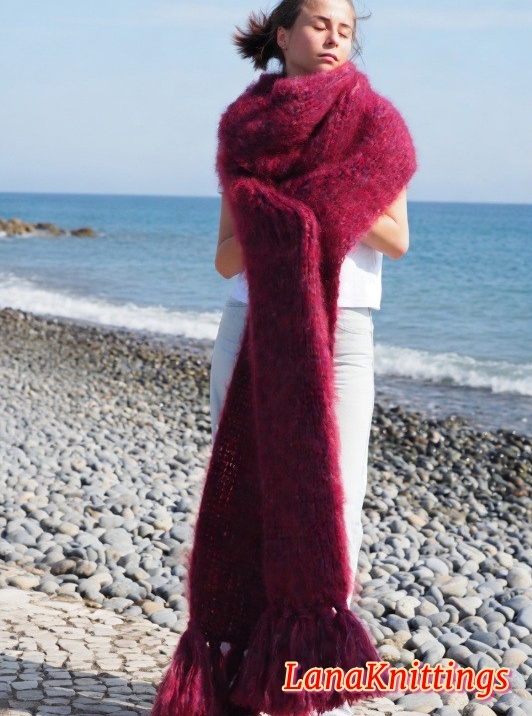 Mohair Scarf Burgundy HandKnitted by LanaKnittings - Image 4