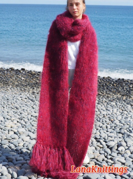 Mohair Scarf Burgundy HandKnitted by LanaKnittings - Image 3