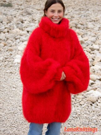 Red Mohair Sweater Thick Oversize Handmade Handknitted by Lanaknittings