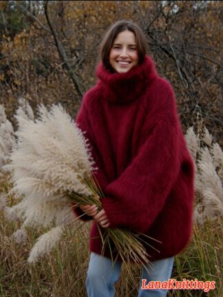 Mohair Sweater Thick Oversize Dark Red Handmade Handknitted by Lanaknittings