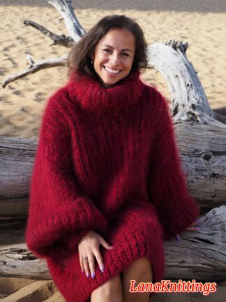 Dark Red Longhair Mohair Sweater Thick Handmade Handknitted by Lanaknittings