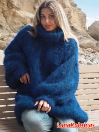 Navy Blue  Longhair Mohair Sweater Thick Handmade Handknitted by Lanaknittings
