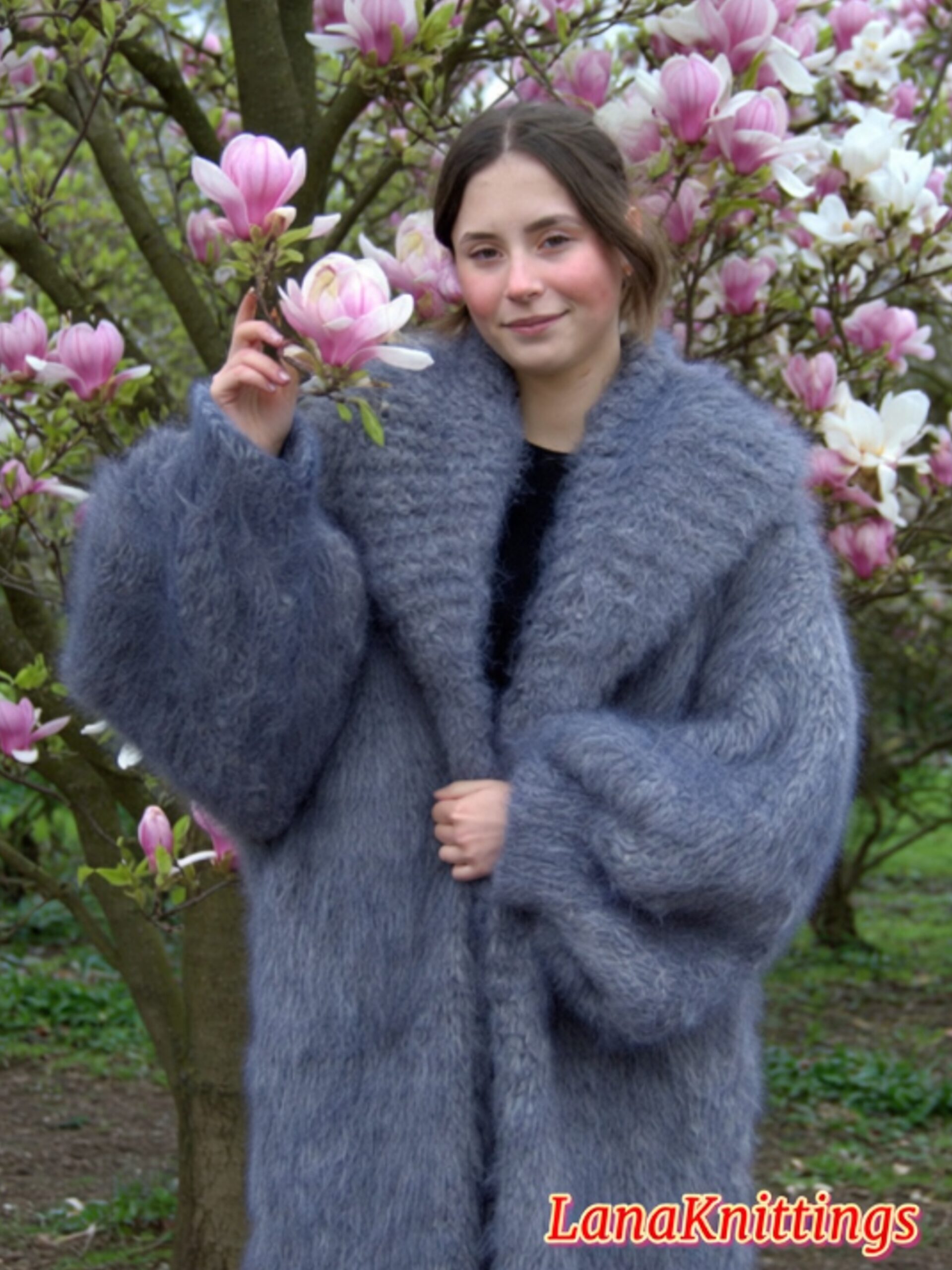Mohair Long Coat Gray Thick Mohair Shawl Neck HandKnitted - Image 8
