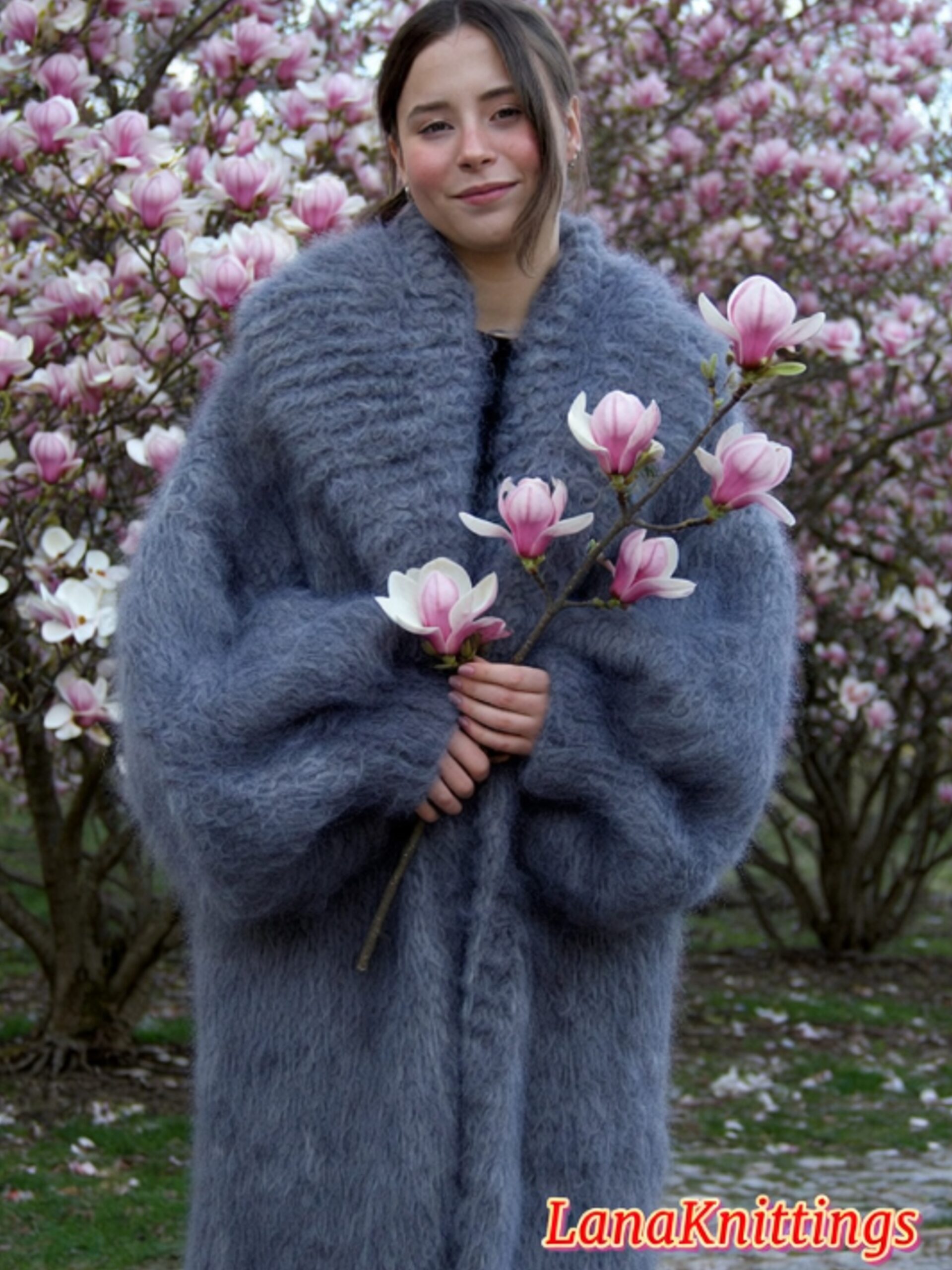 Mohair Long Coat Gray Thick Mohair Shawl Neck HandKnitted - Image 3