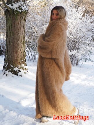Mohair Long Coat Camel Beige Oversize Thick Mohair Shawl Neck HandKnitted