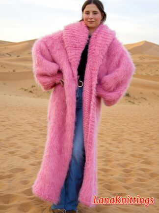 Mohair Long Coat Pink  Thick Mohair Shawl Neck HandKnitted