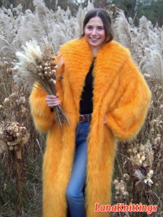 Mohair Long Coat Off Orange Thick Mohair Shawl Neck HandKnitted