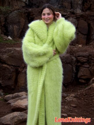 Mohair Long Coat Apple Green Thick Mohair Shawl Neck HandKnitted