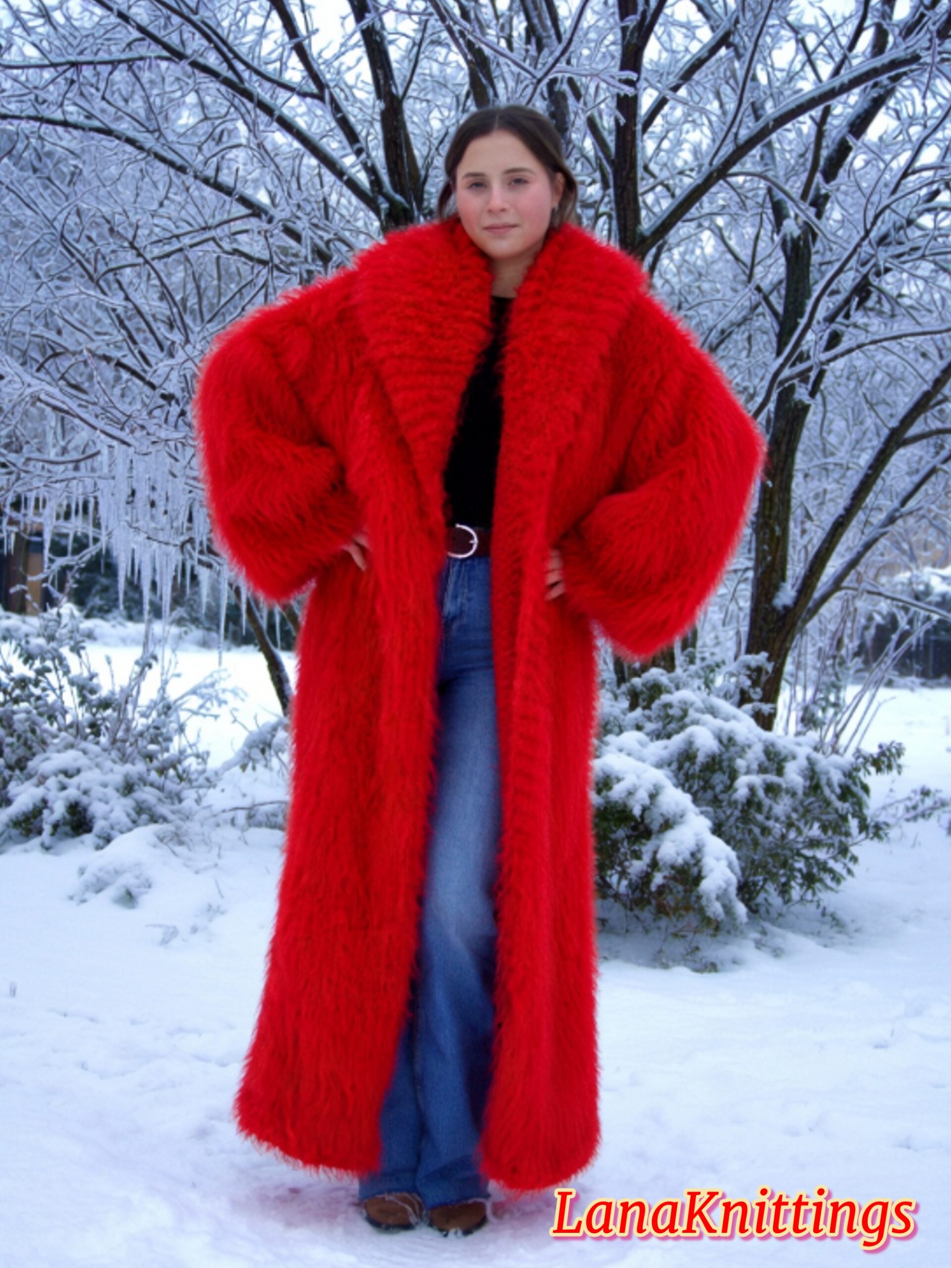Mohair Long Coat Red Thick Mohair Shawl Neck HandKnitted - Image 2