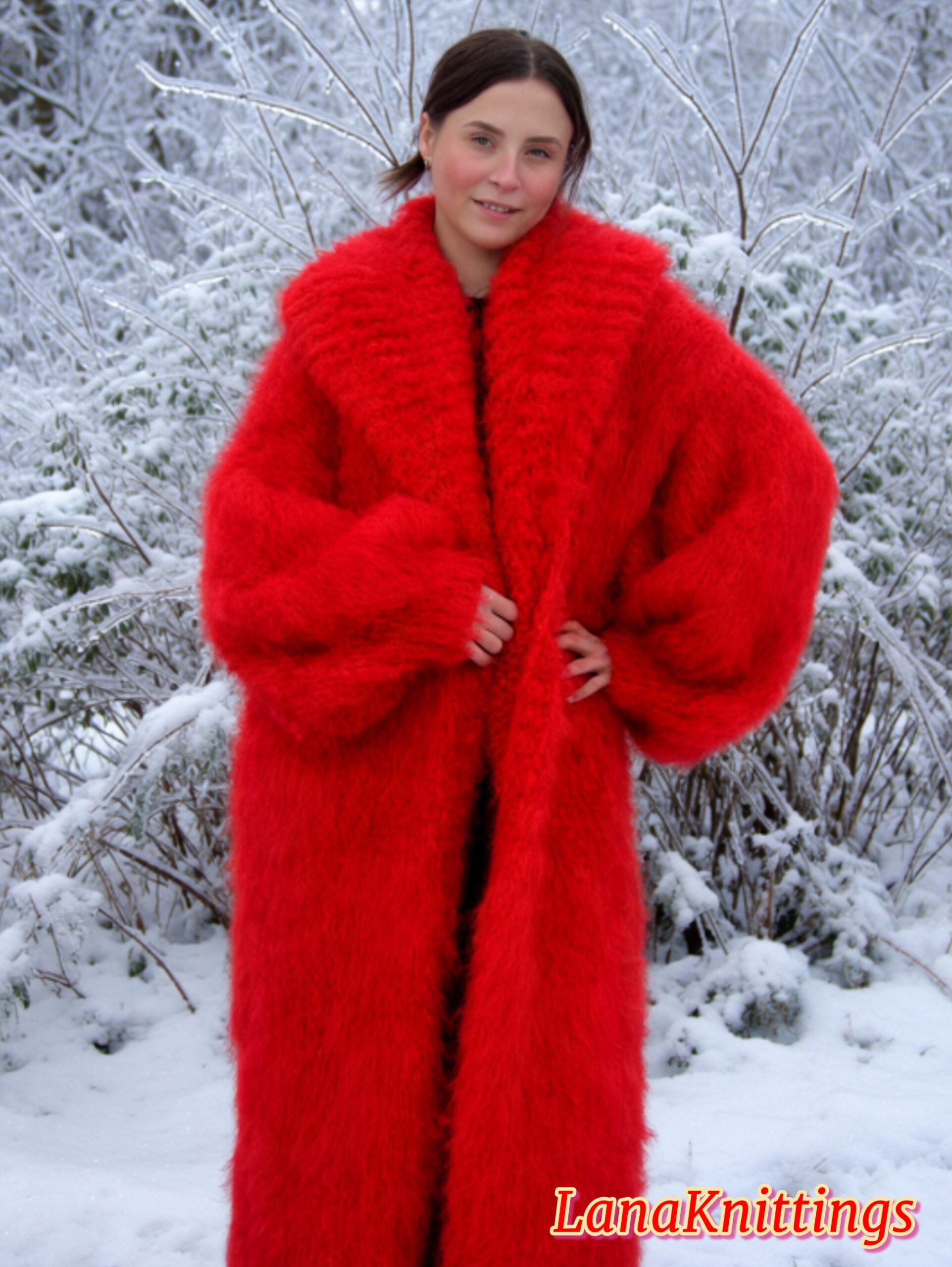 Mohair Long Coat Red Thick Mohair Shawl Neck HandKnitted - Image 3