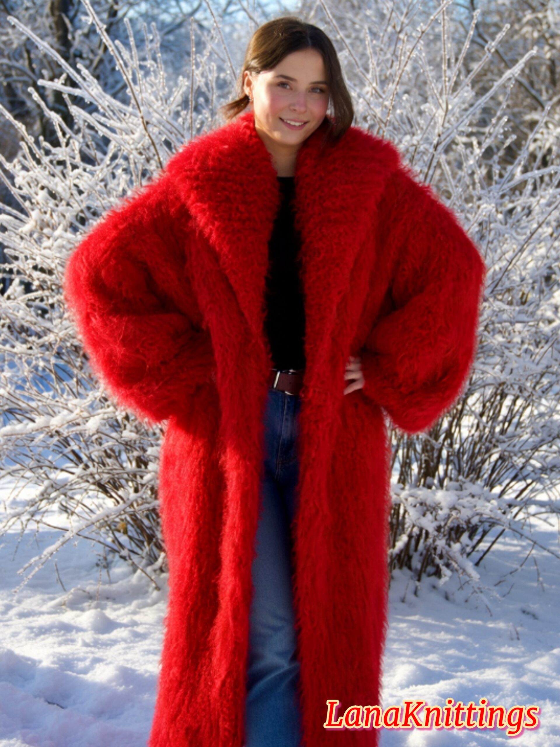Mohair Long Coat Red Thick Mohair Shawl Neck HandKnitted - Image 4