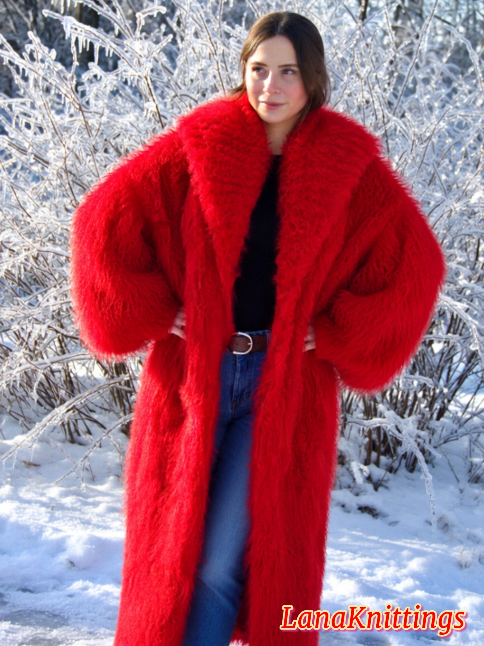 Mohair Long Coat Red Thick Mohair Shawl Neck HandKnitted - Image 5