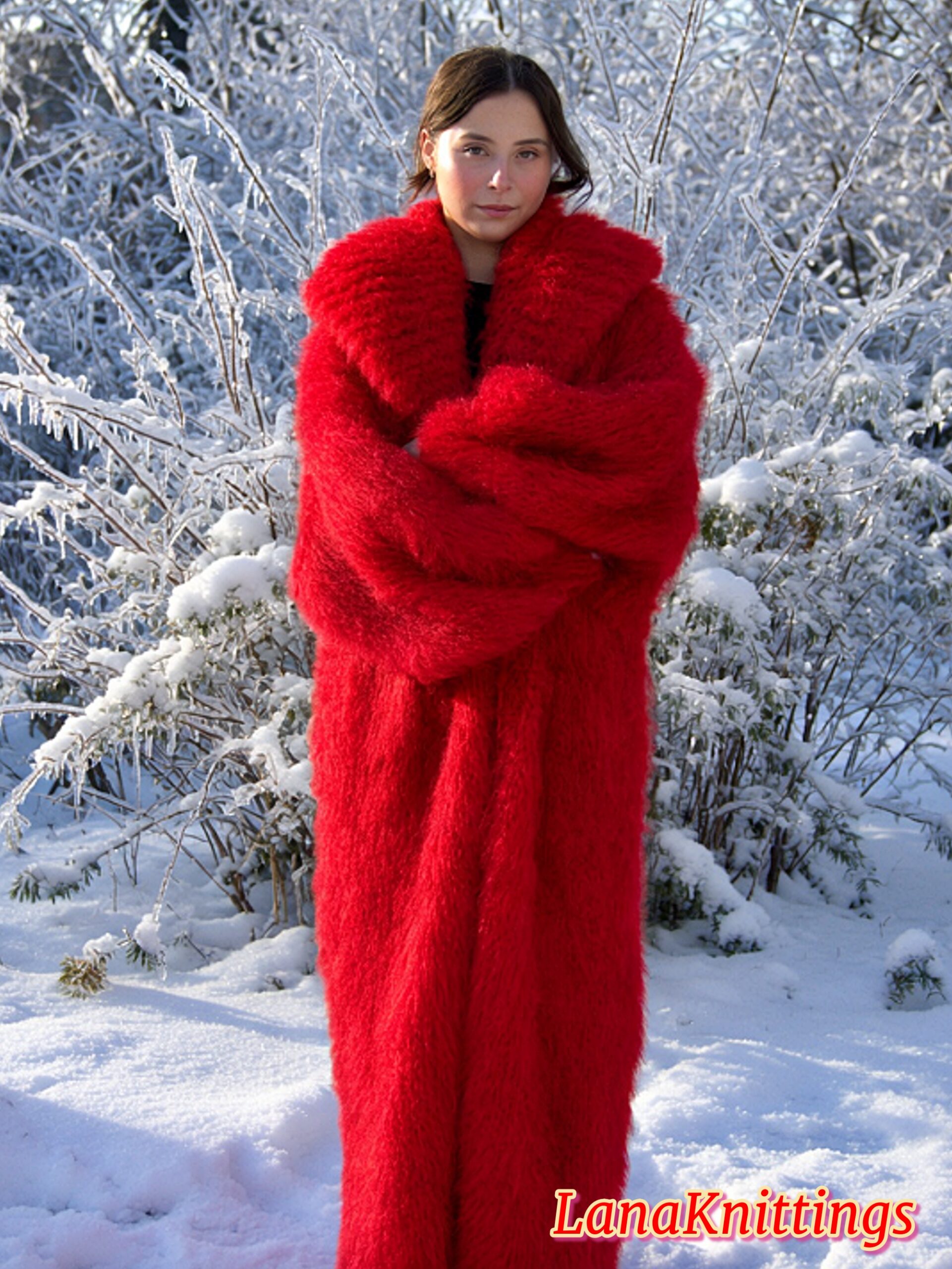 Mohair Long Coat Red Thick Mohair Shawl Neck HandKnitted - Image 6