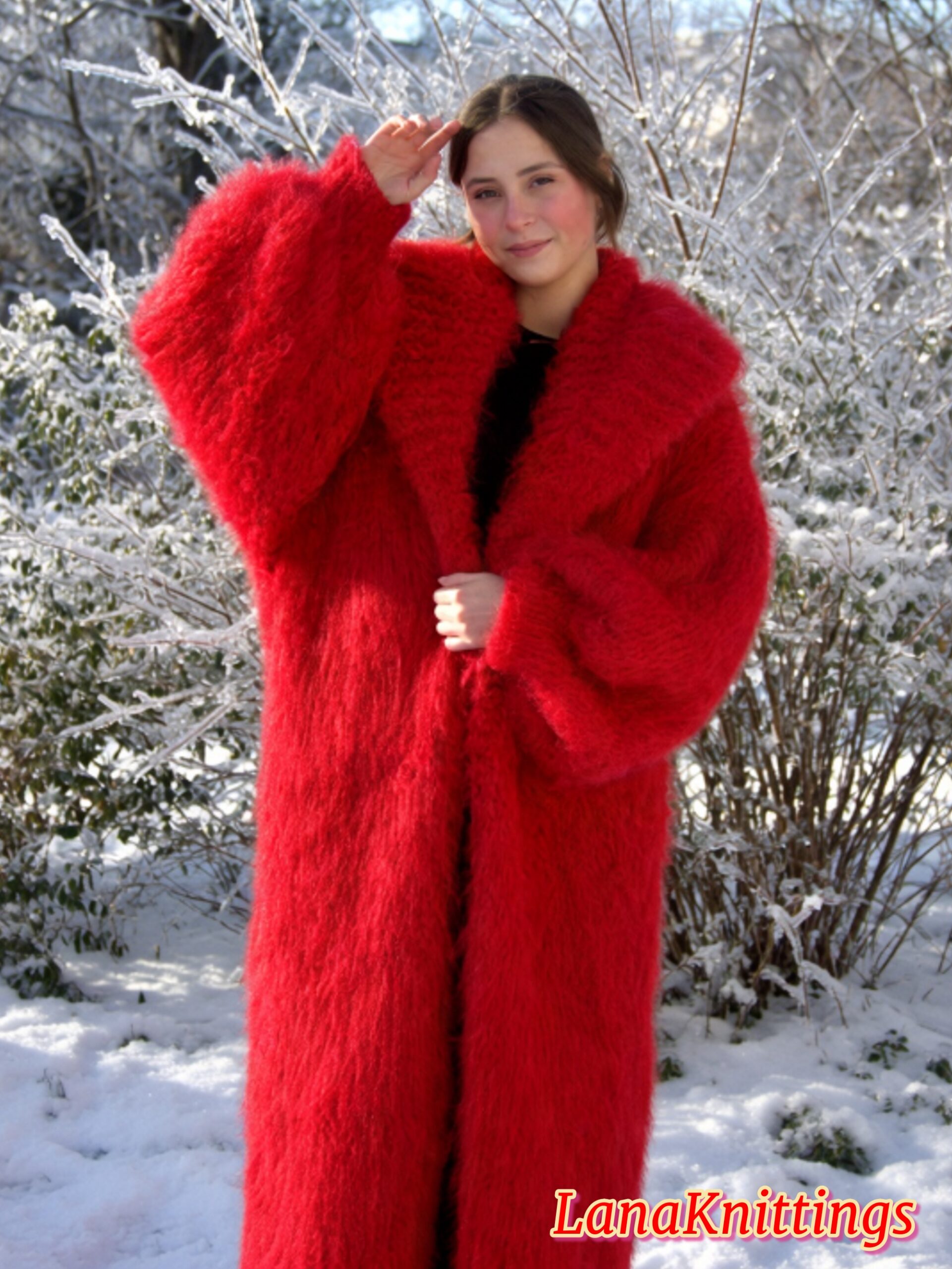 Mohair Long Coat Red Thick Mohair Shawl Neck HandKnitted - Image 7