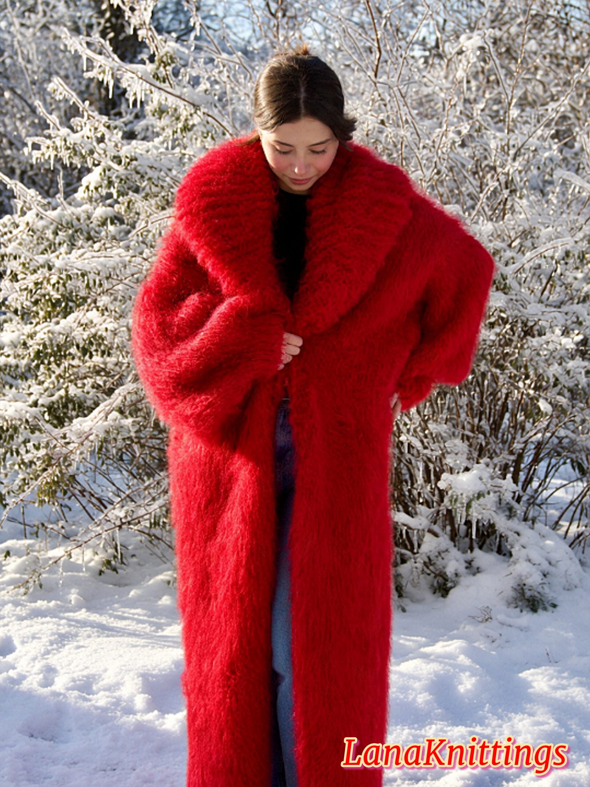 Mohair Long Coat Red Thick Mohair Shawl Neck HandKnitted - Image 8