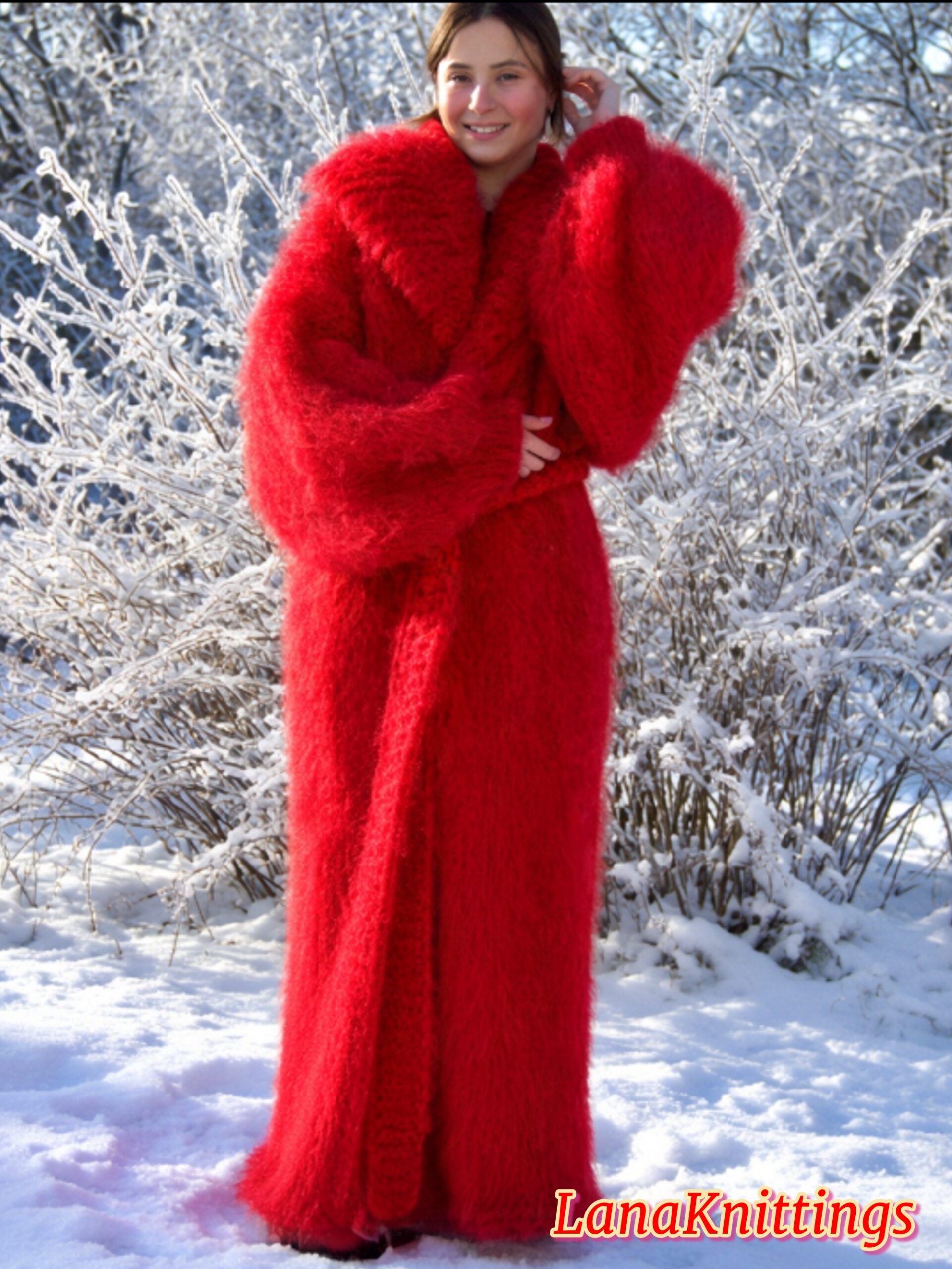 Mohair Long Coat Red Thick Mohair Shawl Neck HandKnitted - Image 9