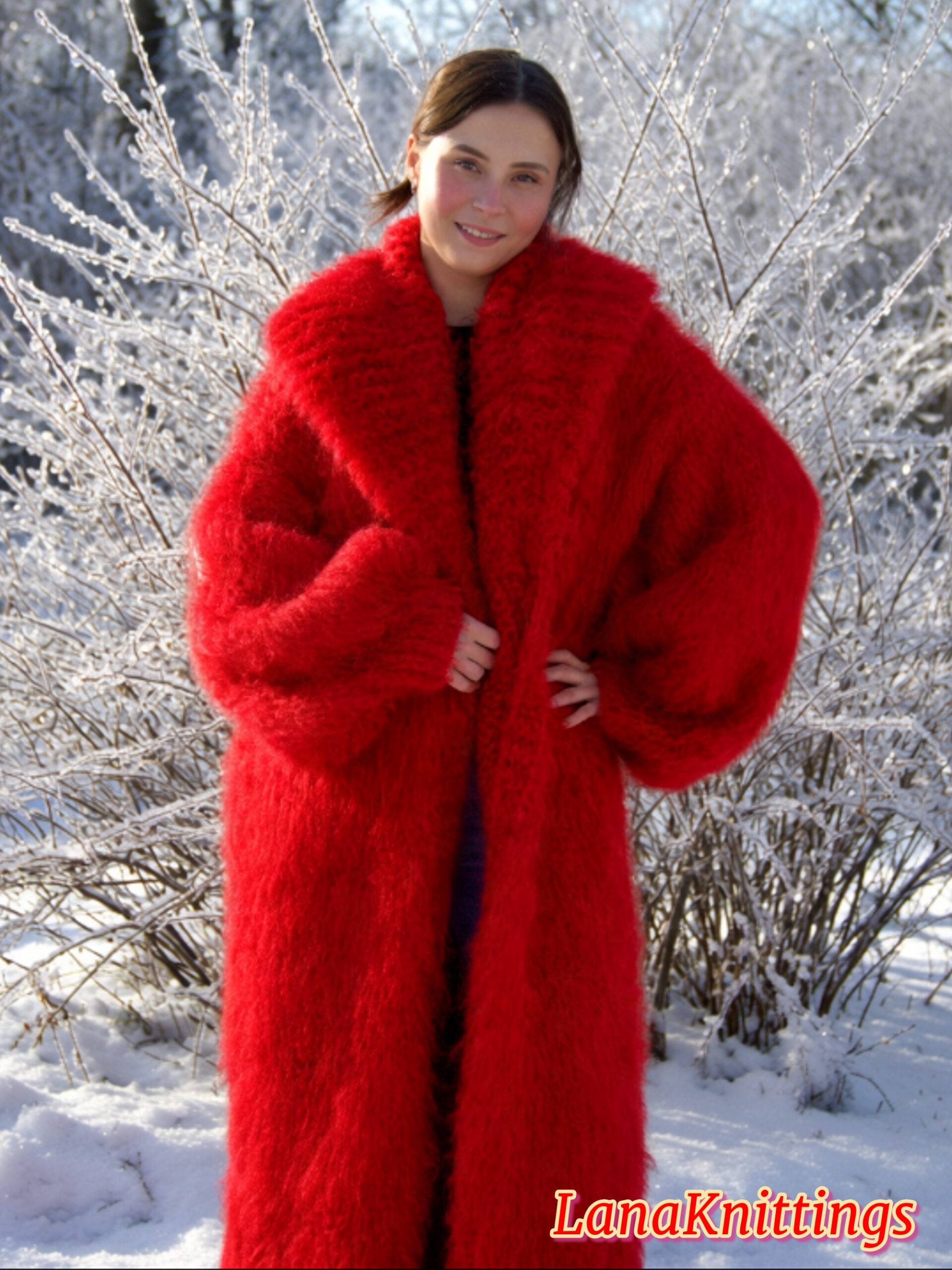 Mohair Long Coat Red Thick Mohair Shawl Neck HandKnitted - Image 11