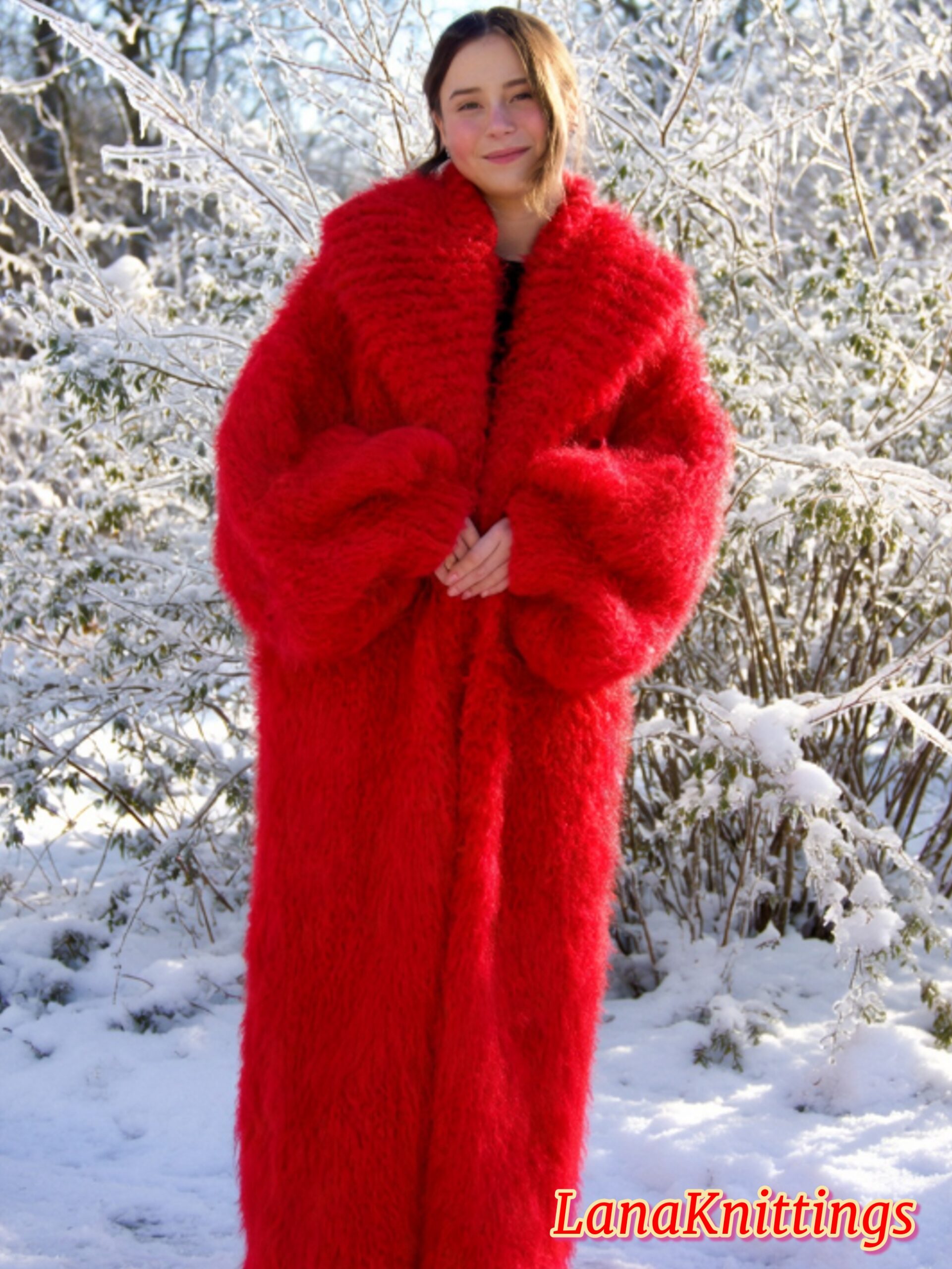 Mohair Long Coat Red Thick Mohair Shawl Neck HandKnitted - Image 12
