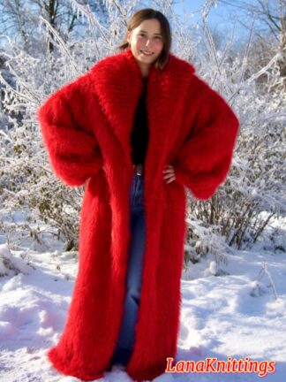 Mohair Long Coat Red Thick Mohair Shawl Neck HandKnitted