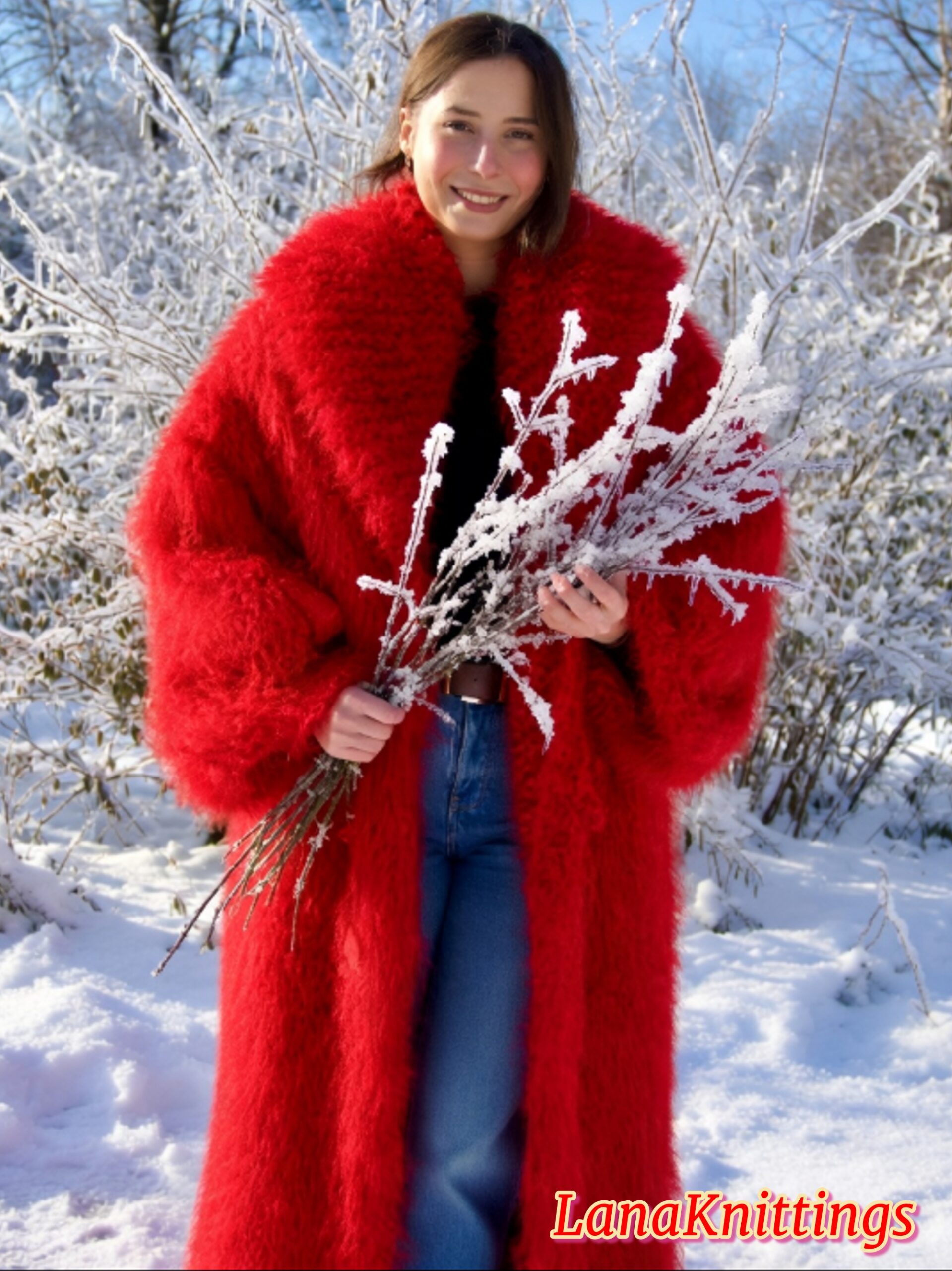 Mohair Long Coat Red Thick Mohair Shawl Neck HandKnitted - Image 10