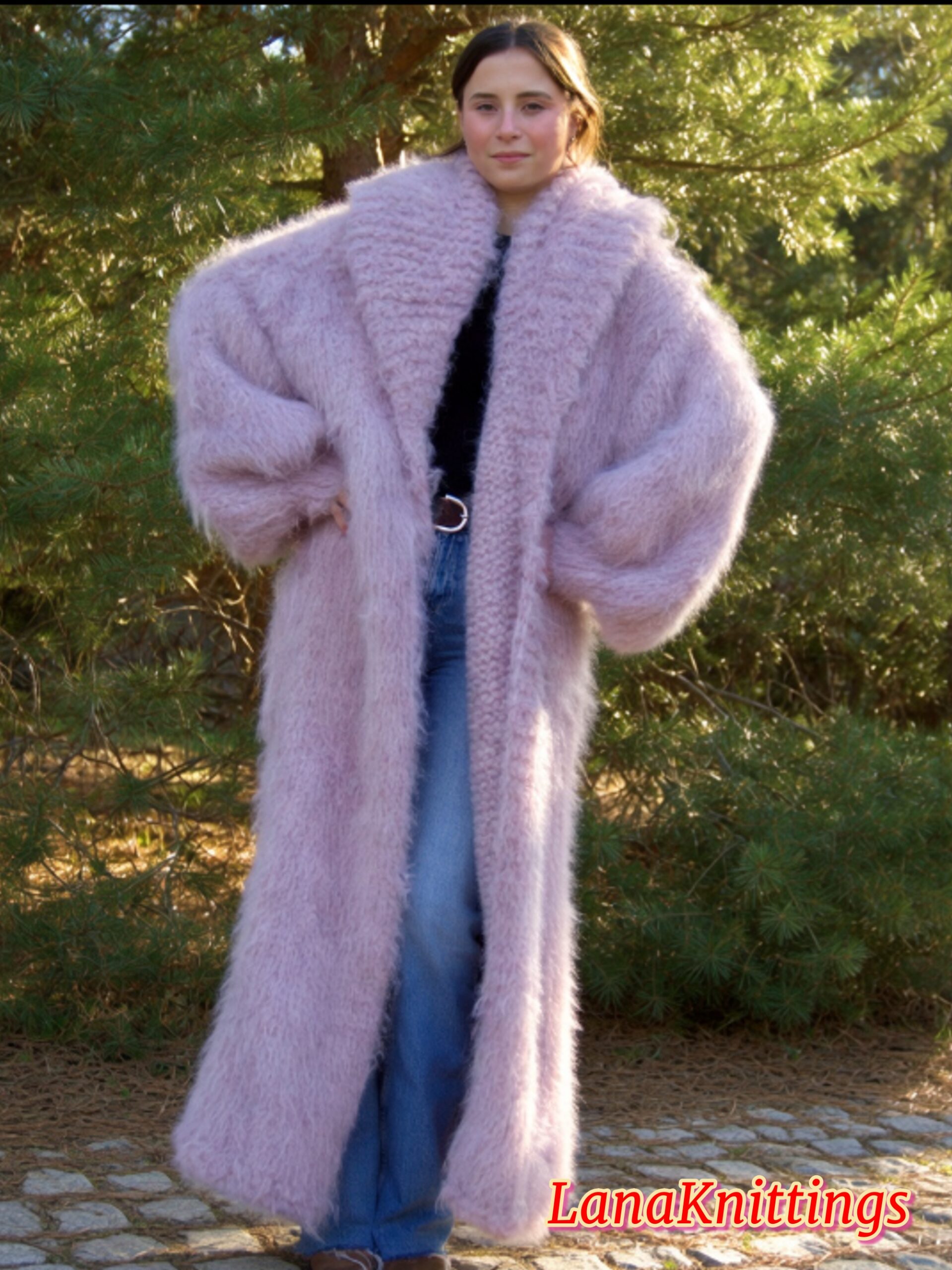 Mohair Long Coat Light Purple Thick Mohair Shawl Neck HandKnitted - Image 3