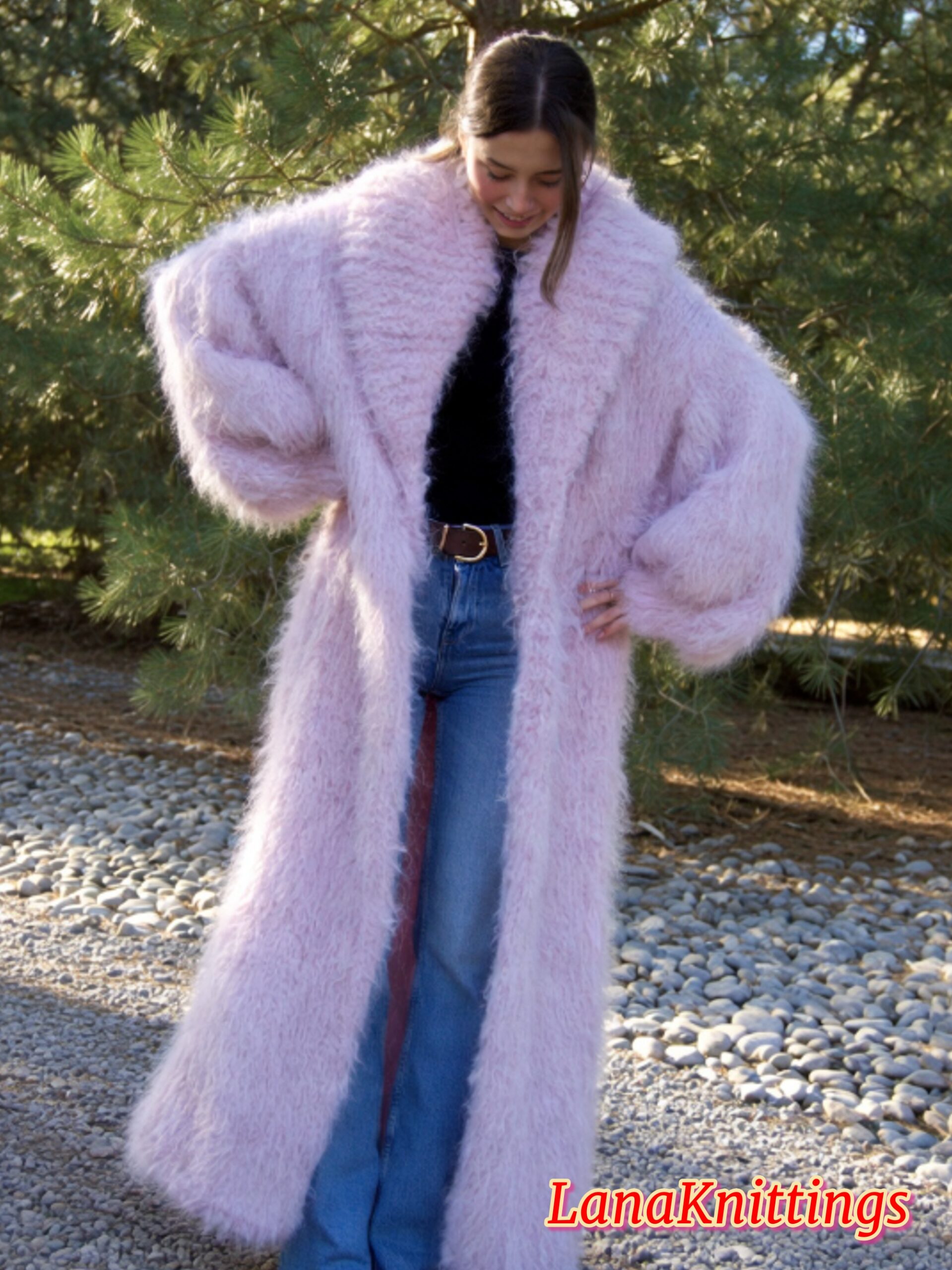 Mohair Long Coat Light Purple Thick Mohair Shawl Neck HandKnitted - Image 4
