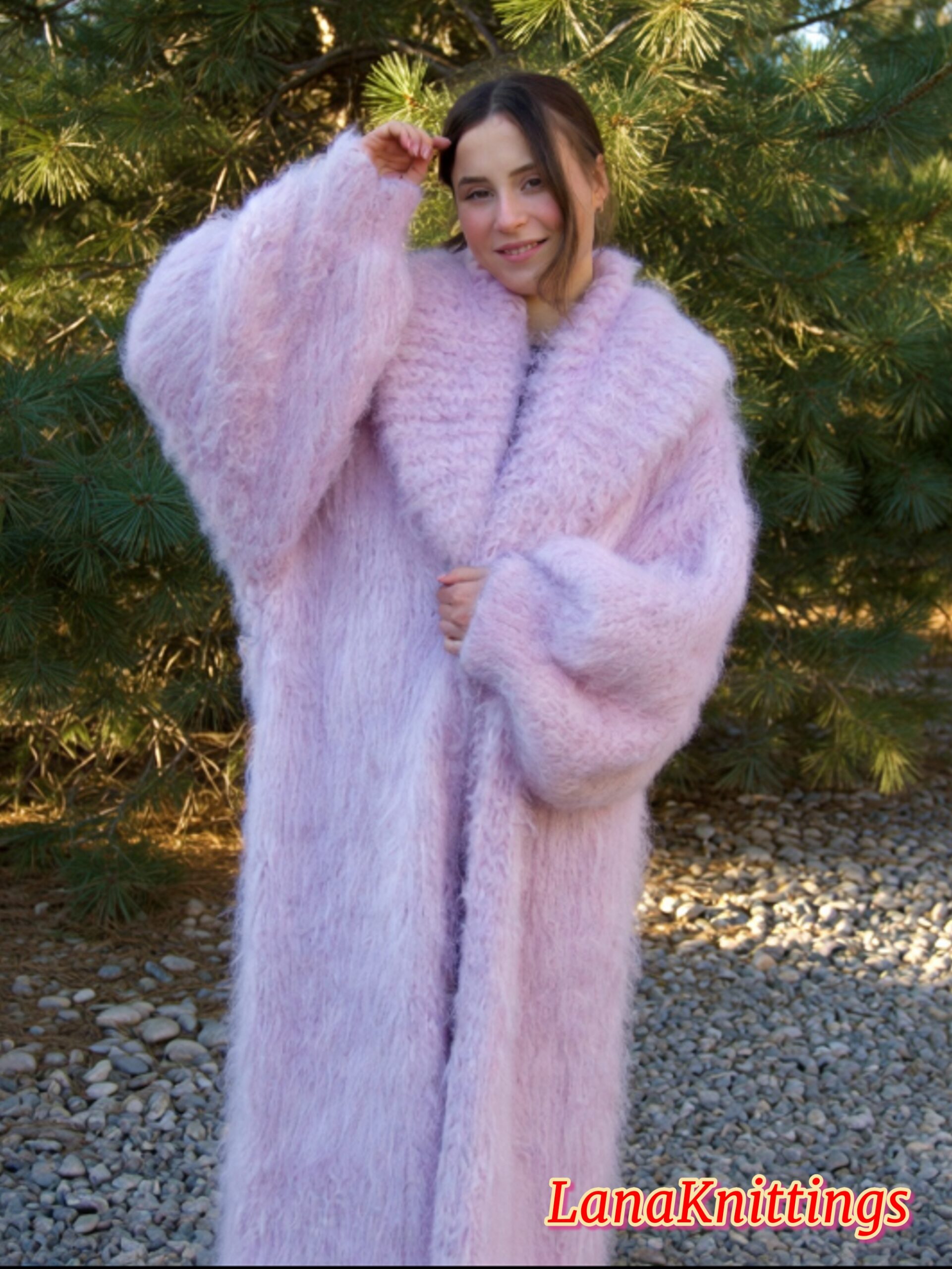 Mohair Long Coat Light Purple Thick Mohair Shawl Neck HandKnitted - Image 5