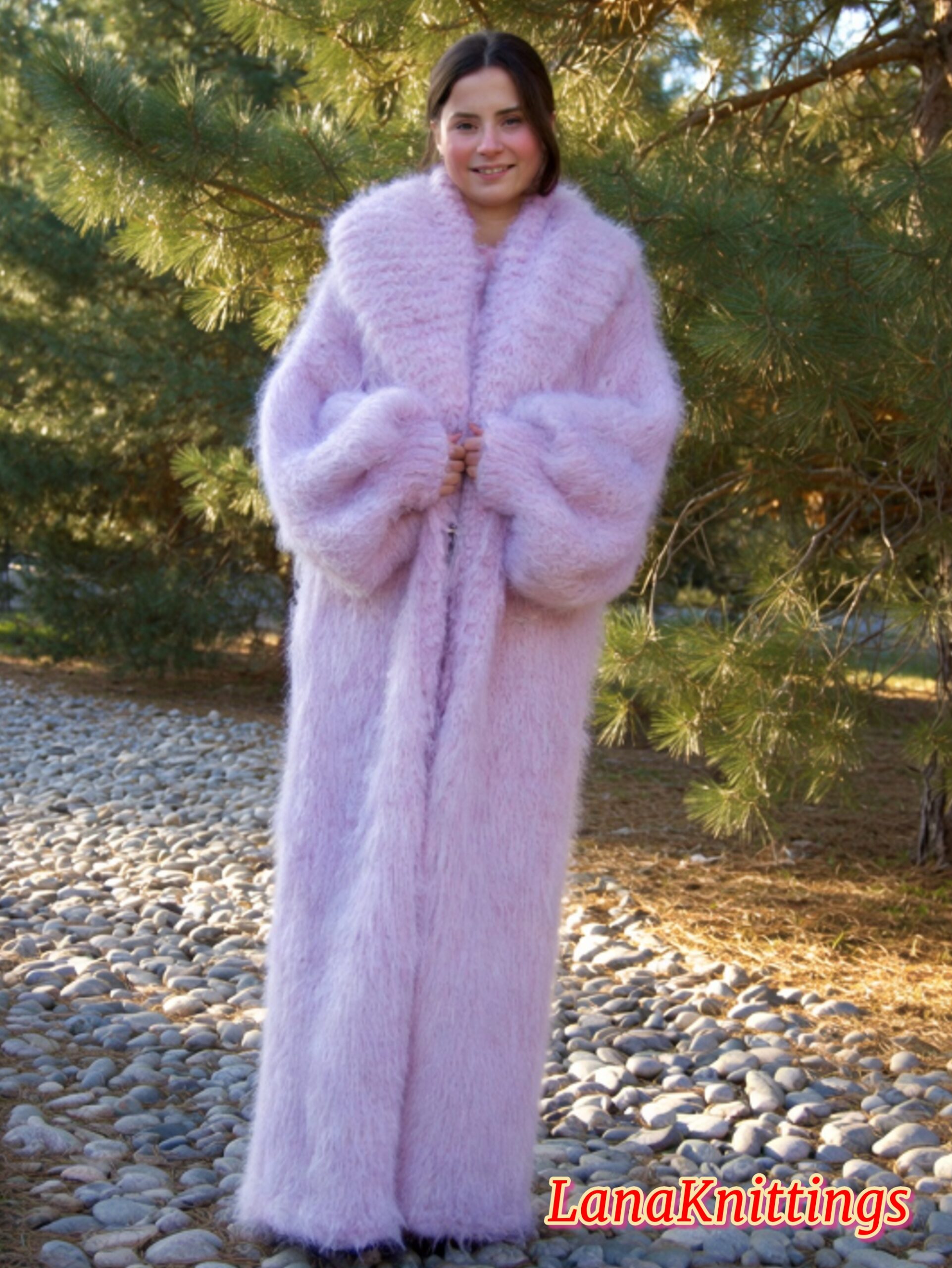 Mohair Long Coat Light Purple Thick Mohair Shawl Neck HandKnitted - Image 2