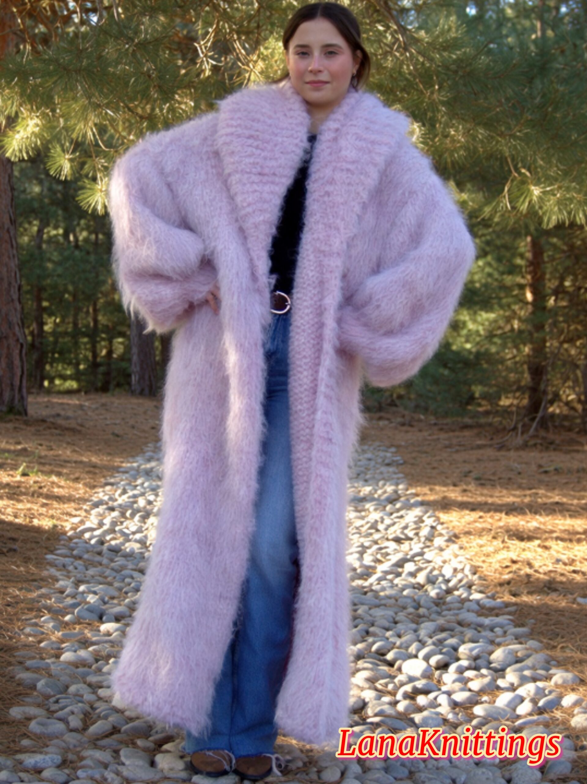 Mohair Long Coat Light Purple Thick Mohair Shawl Neck HandKnitted - Image 7