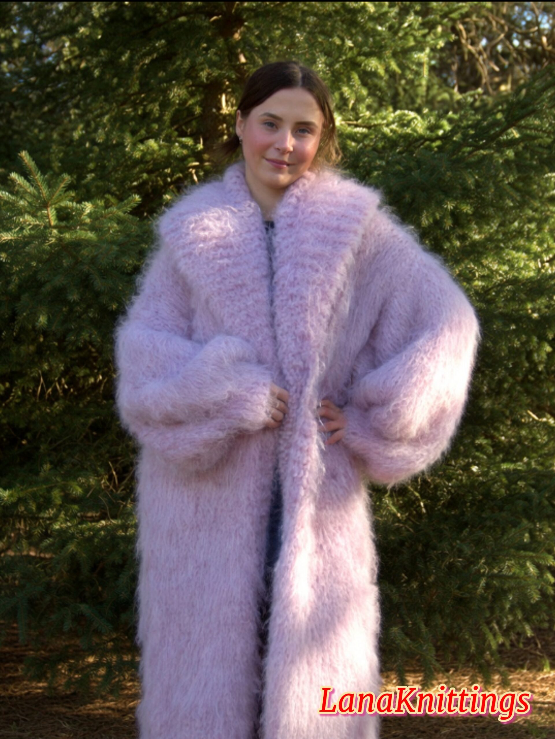 Mohair Long Coat Light Purple Thick Mohair Shawl Neck HandKnitted - Image 9