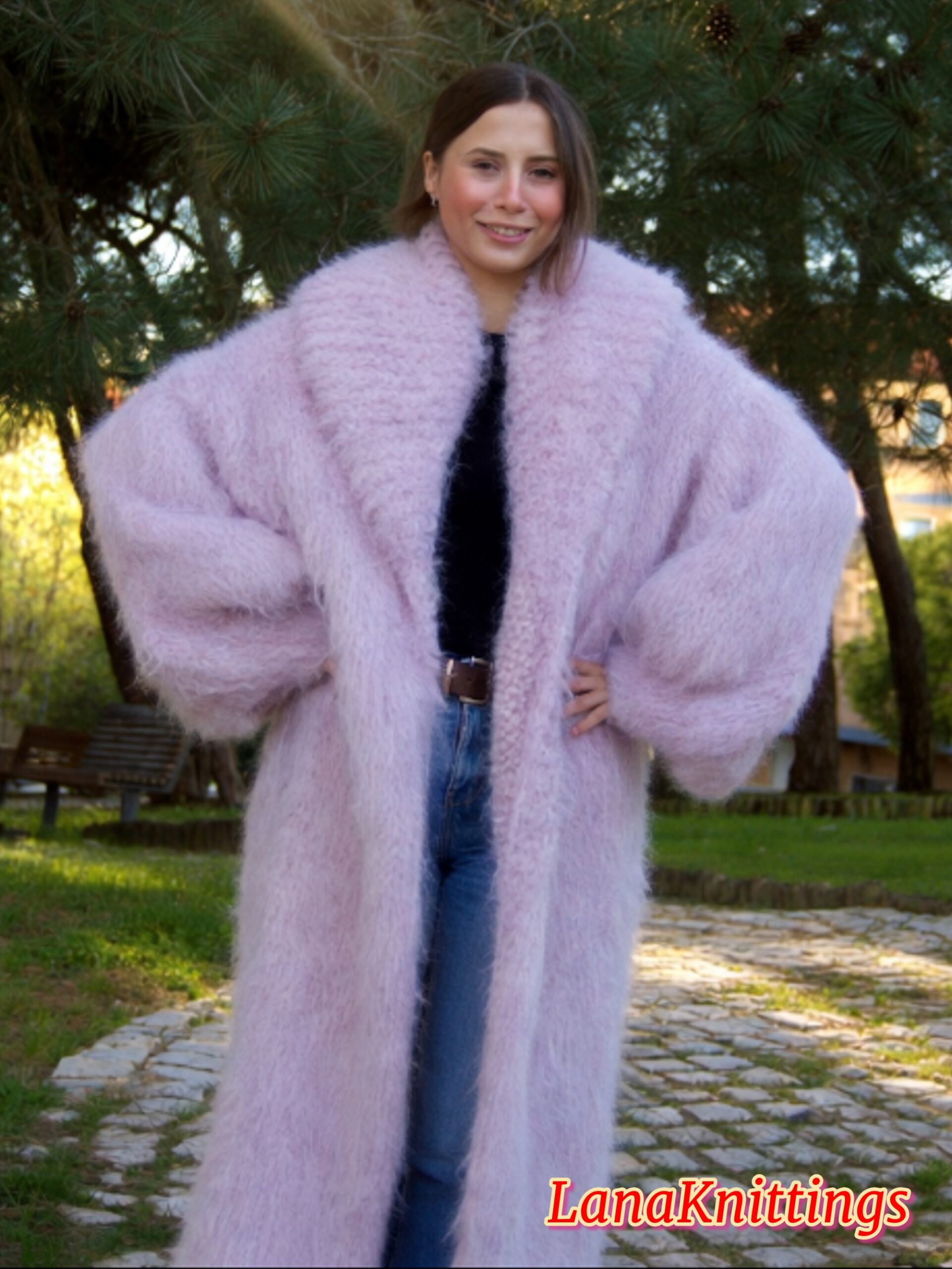 Mohair Long Coat Light Purple Thick Mohair Shawl Neck HandKnitted - Image 11
