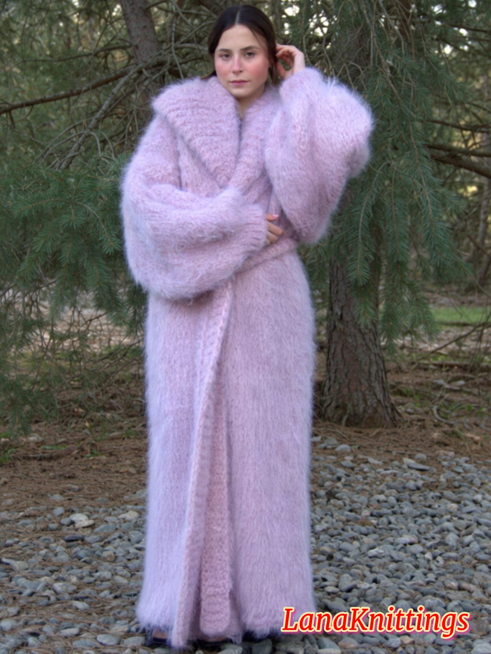 Mohair Long Coat Light Purple Thick Mohair Shawl Neck HandKnitted - Image 10