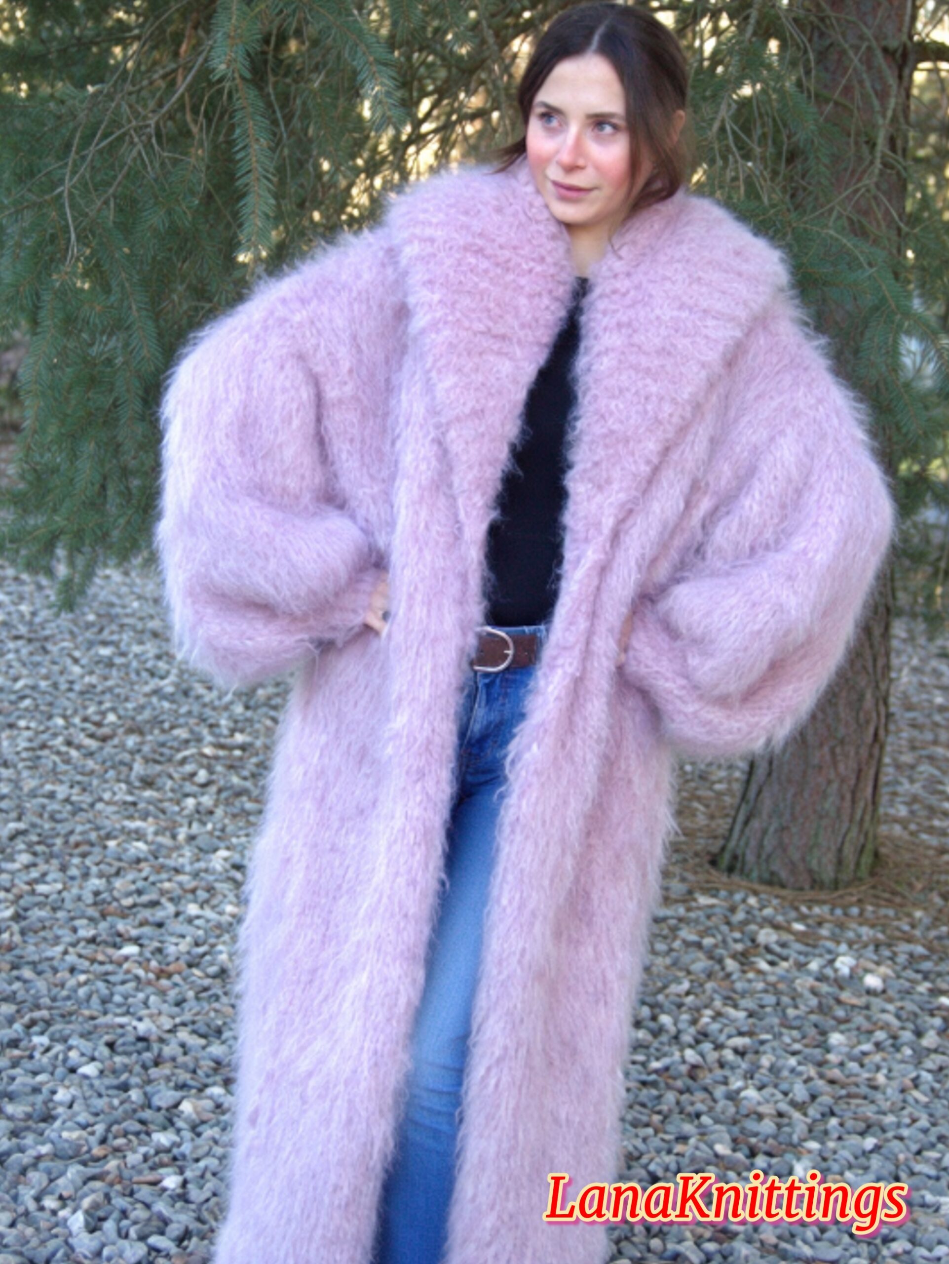 Mohair Long Coat Light Purple Thick Mohair Shawl Neck HandKnitted - Image 12