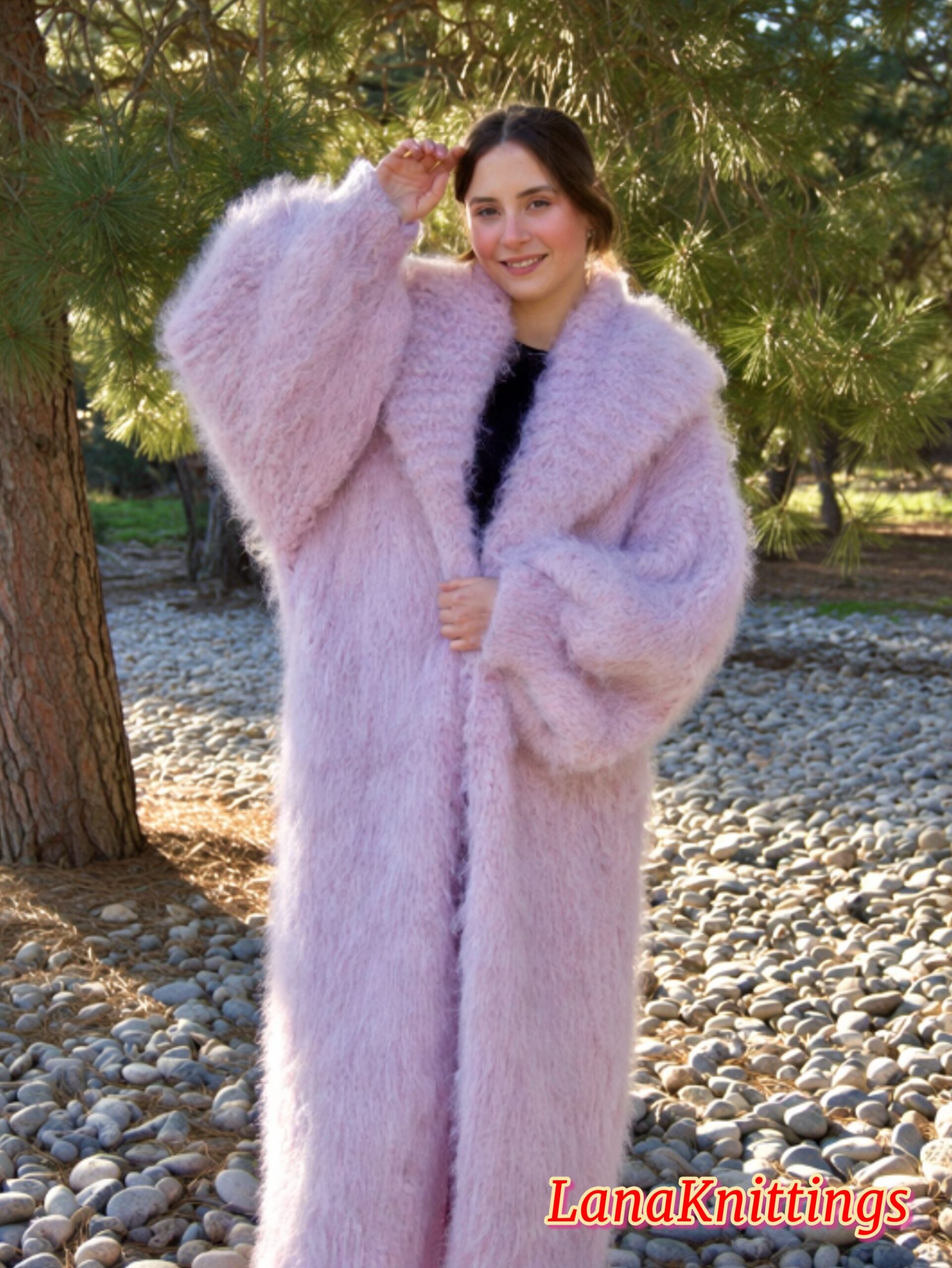 Mohair Long Coat Light Purple Thick Mohair Shawl Neck HandKnitted - Image 14