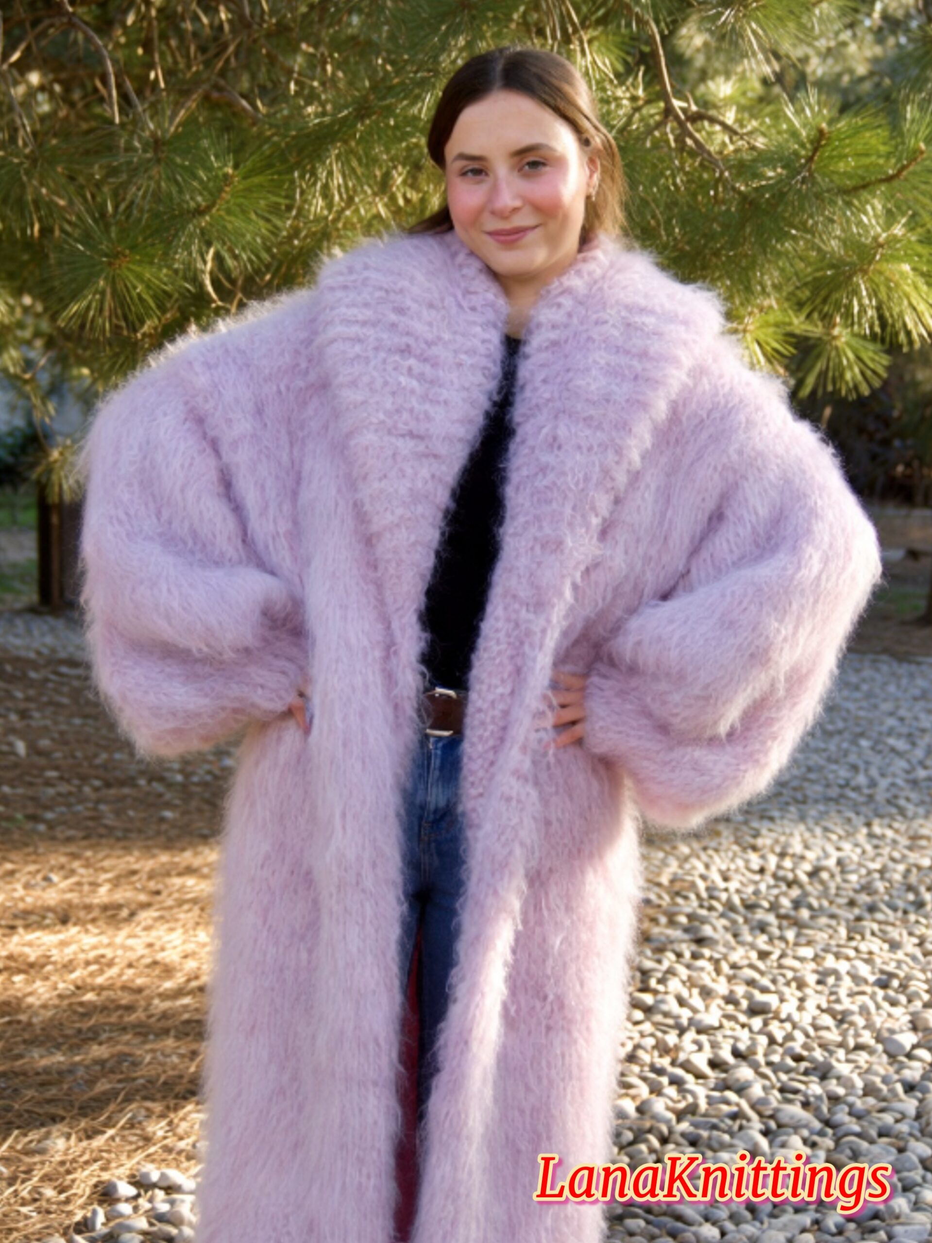 Mohair Long Coat Light Purple Thick Mohair Shawl Neck HandKnitted - Image 15