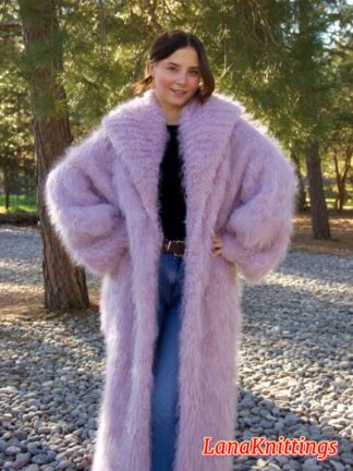 Mohair Long Coat Light Purple  Thick Mohair Shawl Neck HandKnitted