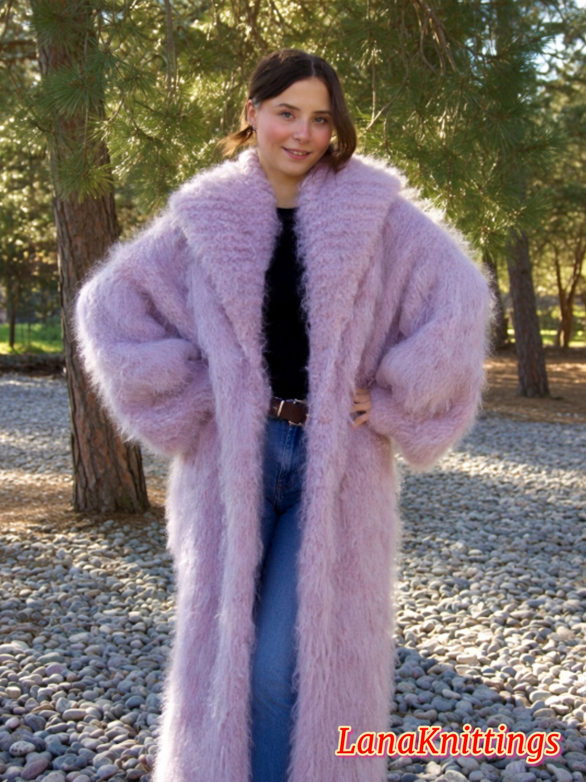 Mohair Long Coat Light Purple Thick Mohair Shawl Neck HandKnitted