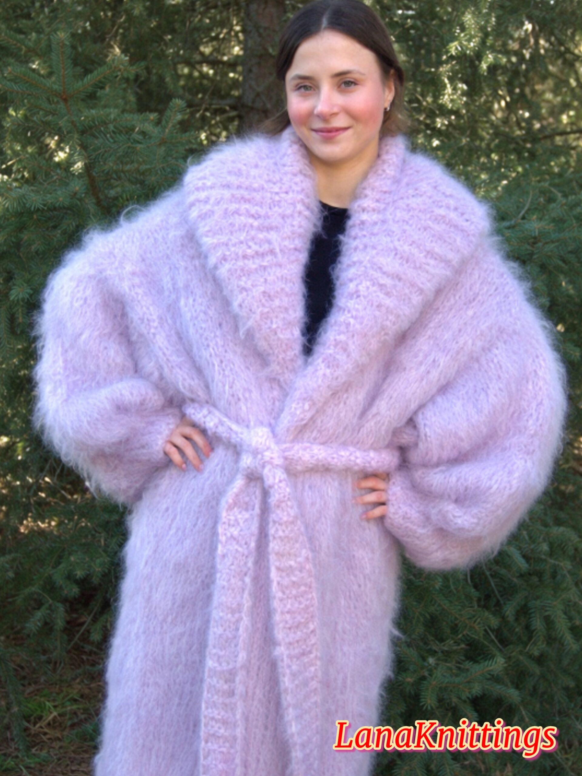 Mohair Long Coat Light Purple Thick Mohair Shawl Neck HandKnitted - Image 8