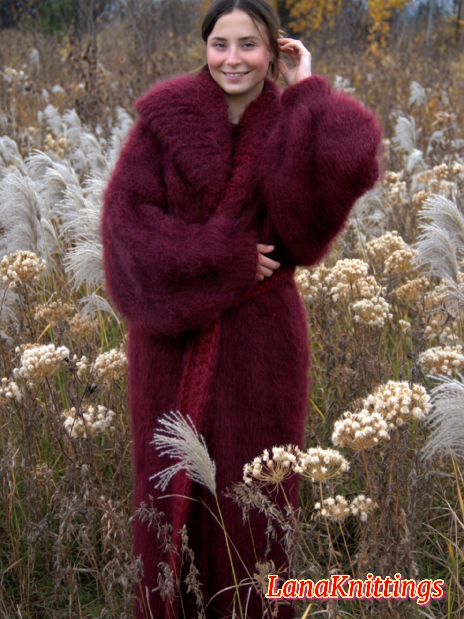Mohair Long Coat Dark Red Thick Mohair Shawl Neck HandKnitted - Image 2