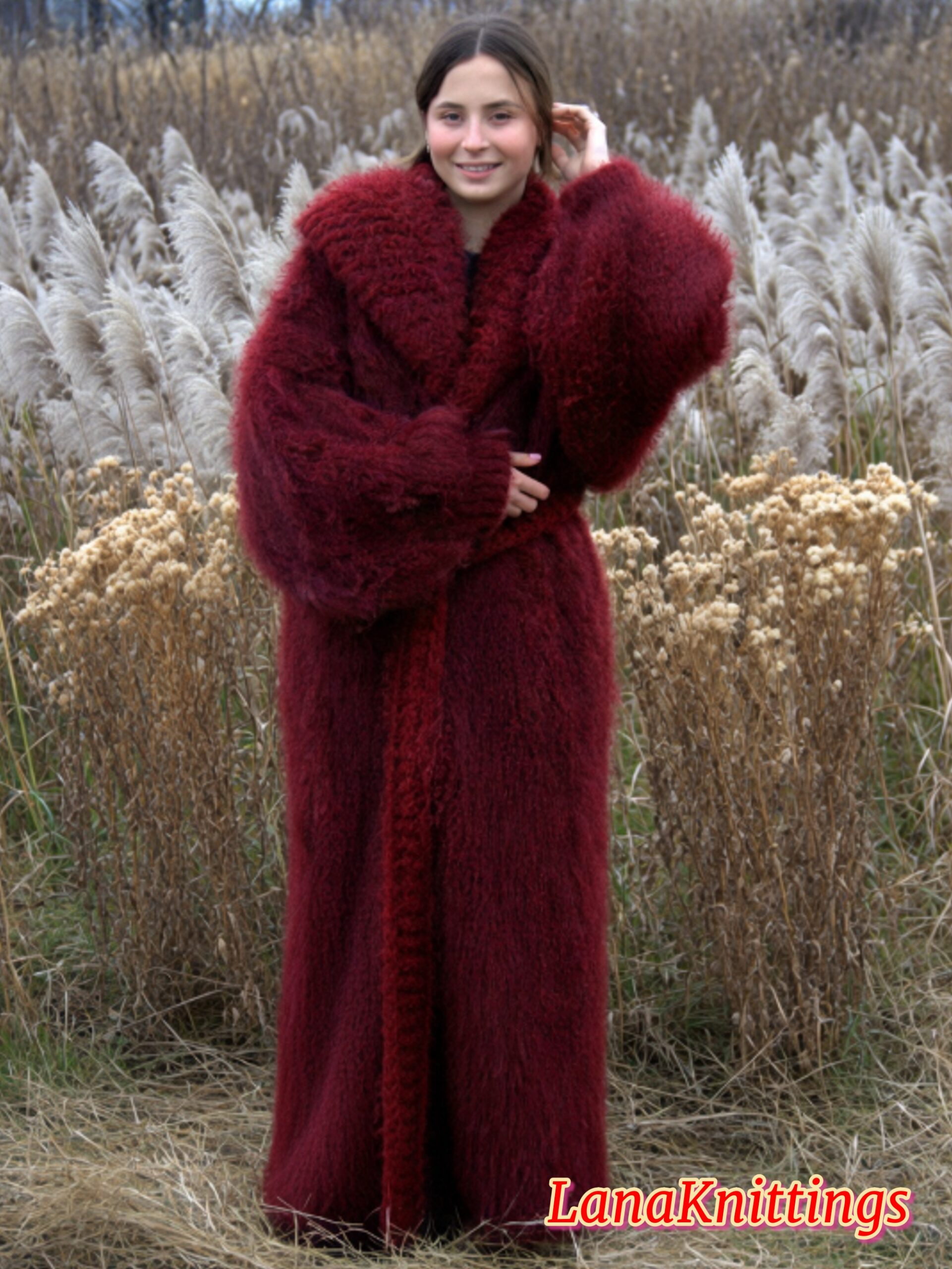 Mohair Long Coat Dark Red Thick Mohair Shawl Neck HandKnitted - Image 3